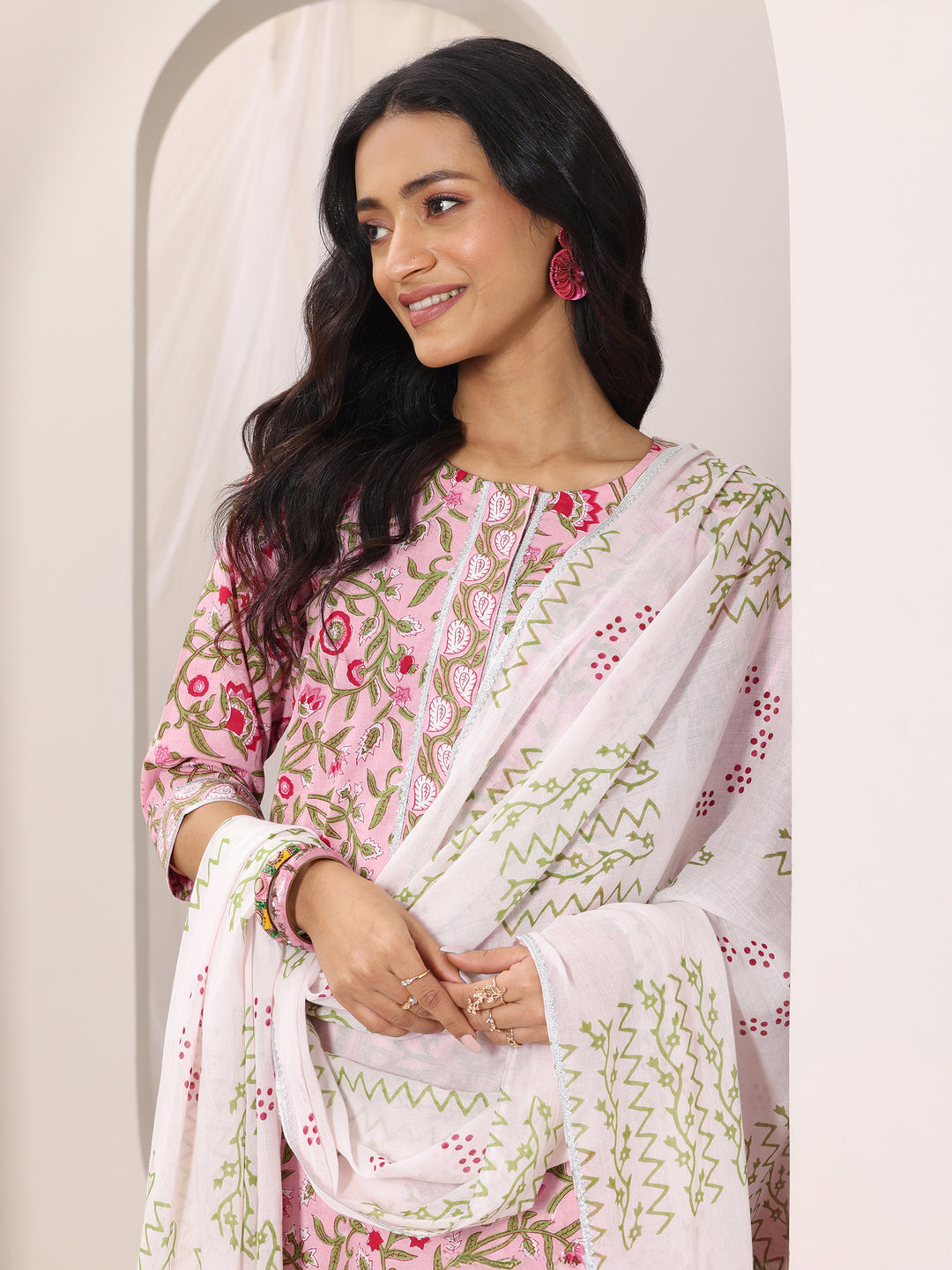 Peach Printed Cotton Straight Suit Set With Dupatta