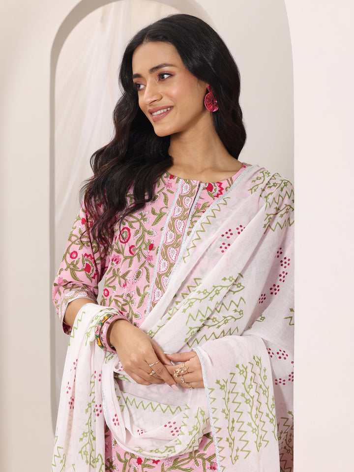 Peach Printed Cotton Straight Suit Set With Dupatta