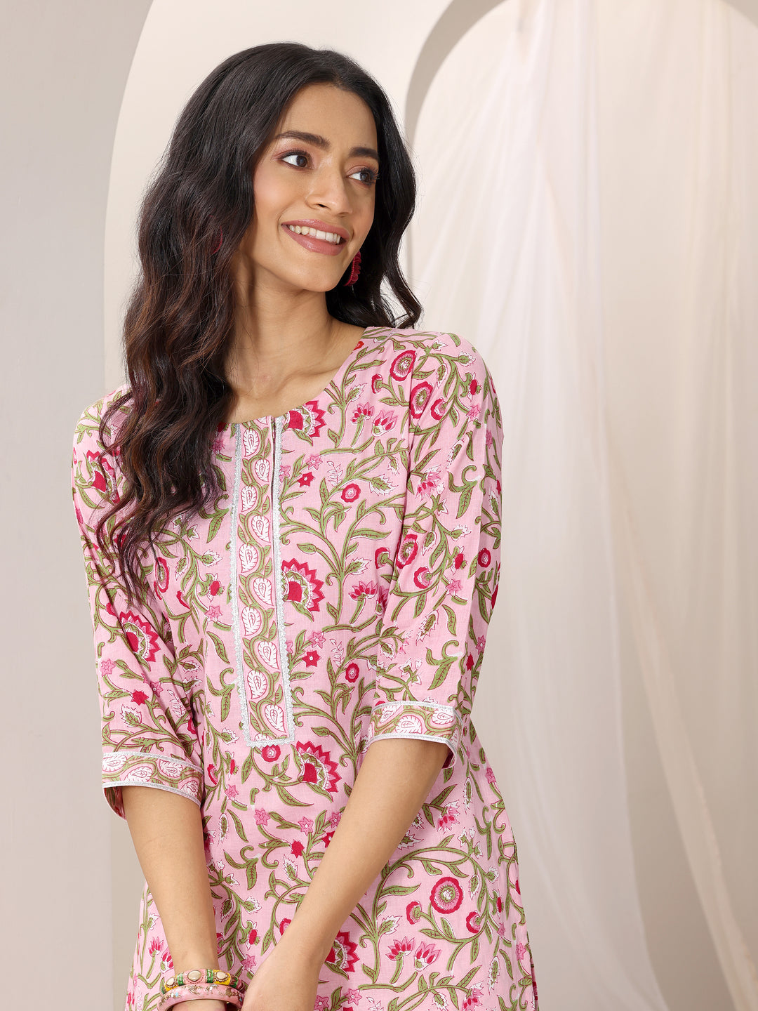 Peach Printed Cotton Straight Suit Set With Dupatta