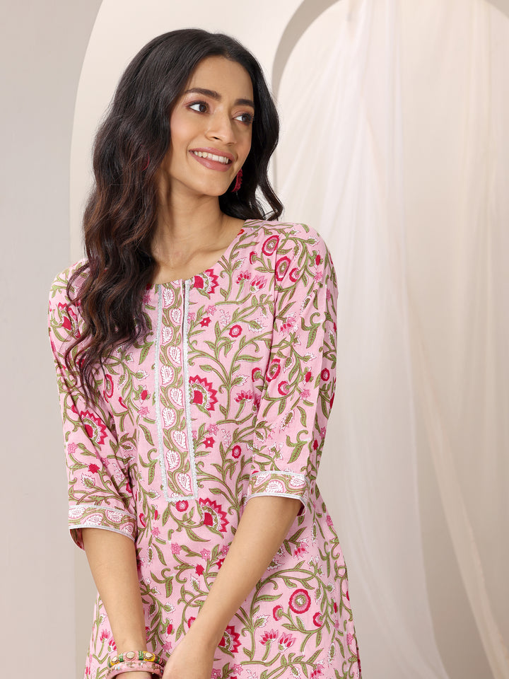 Peach Printed Cotton Straight Suit Set With Dupatta