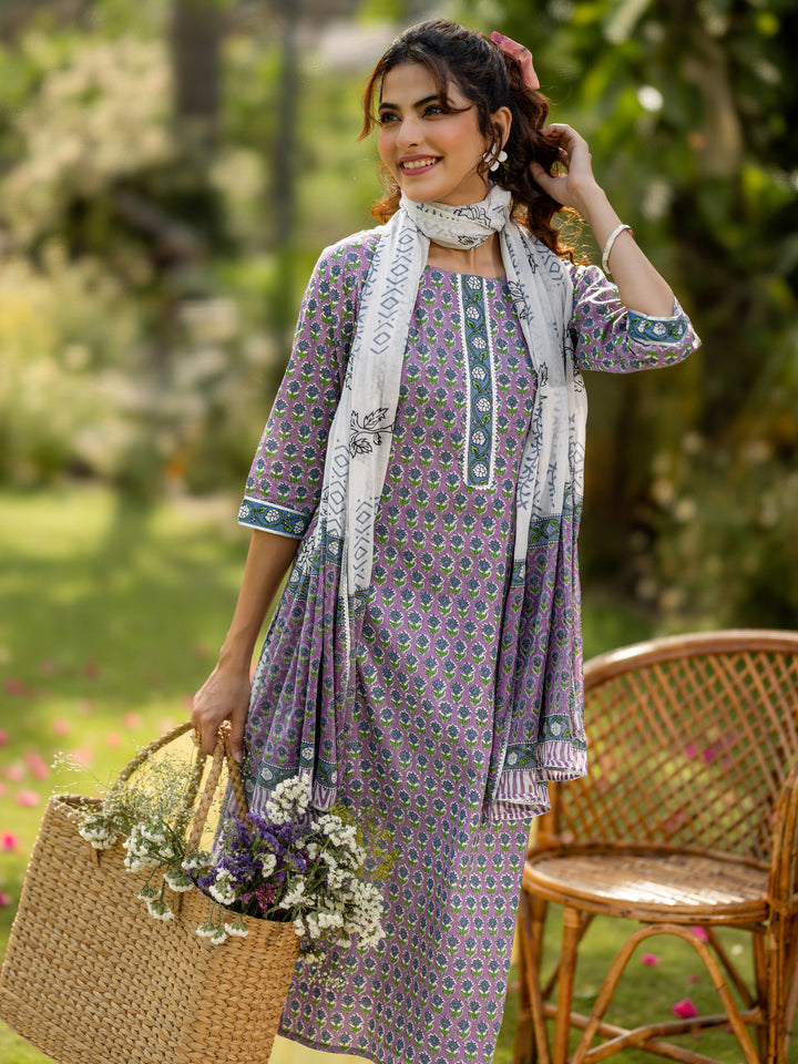 Lavender Printed Cotton Straight Suit Set With Dupatta