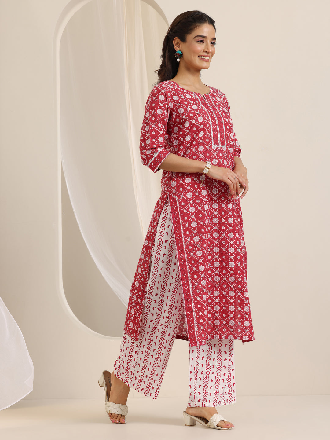 Red Printed Cotton Straight Suit Set With Dupatta