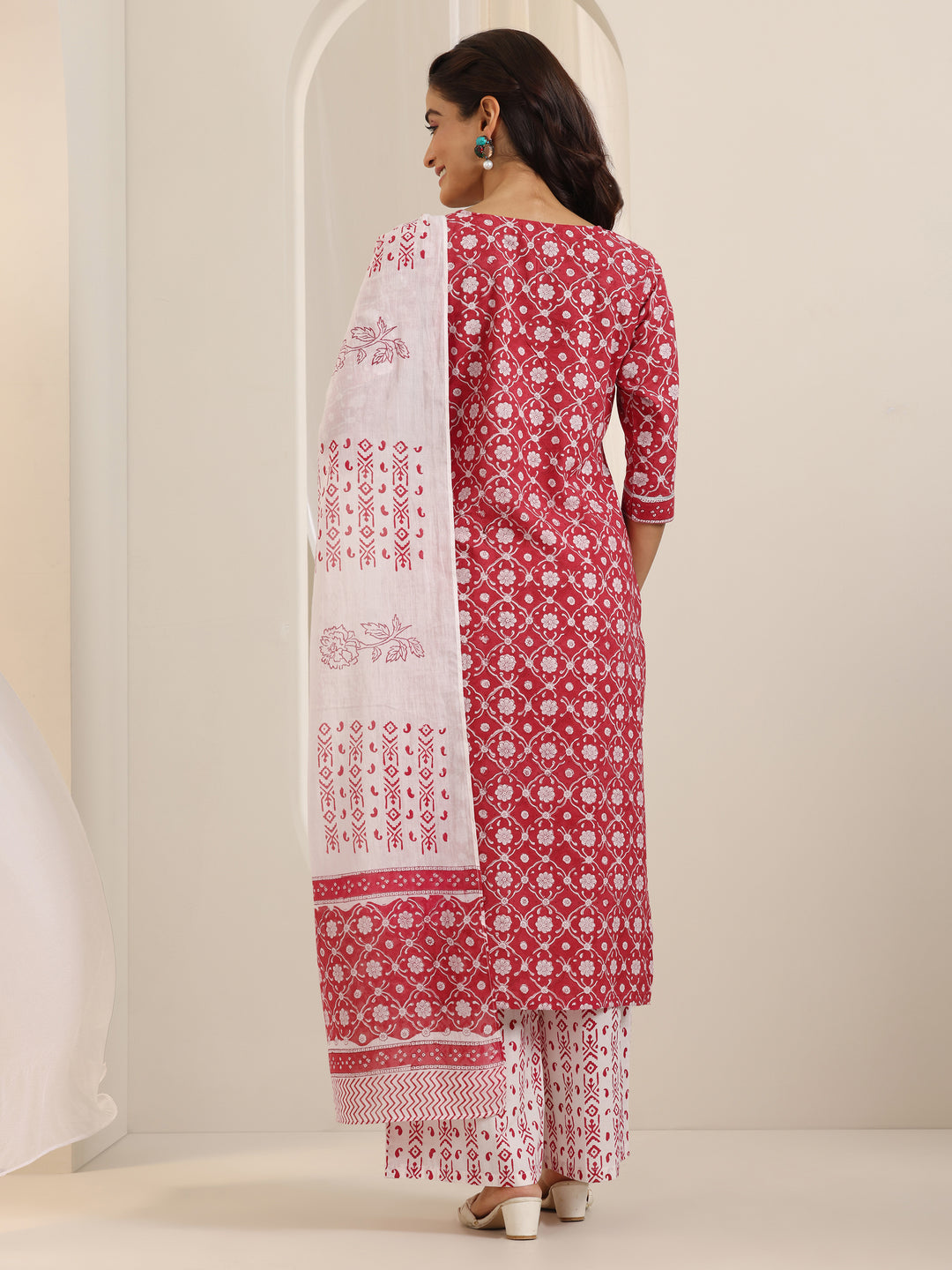 Red Printed Cotton Straight Suit Set With Dupatta