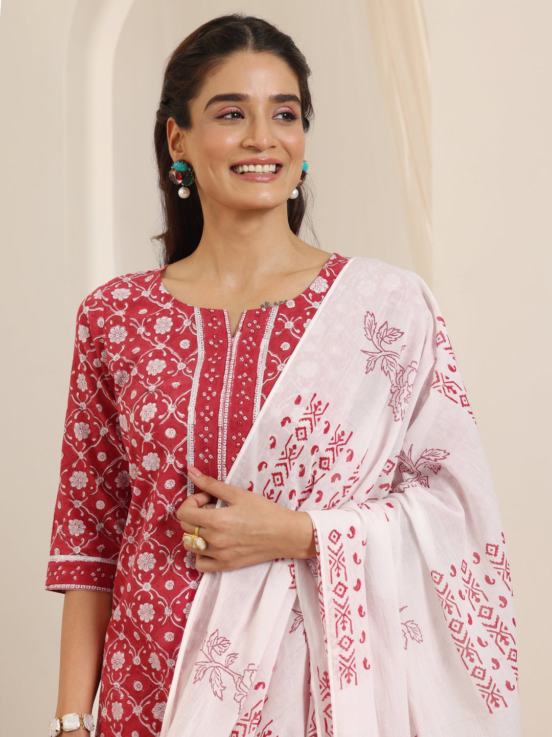 Red Printed Cotton Straight Suit Set With Dupatta