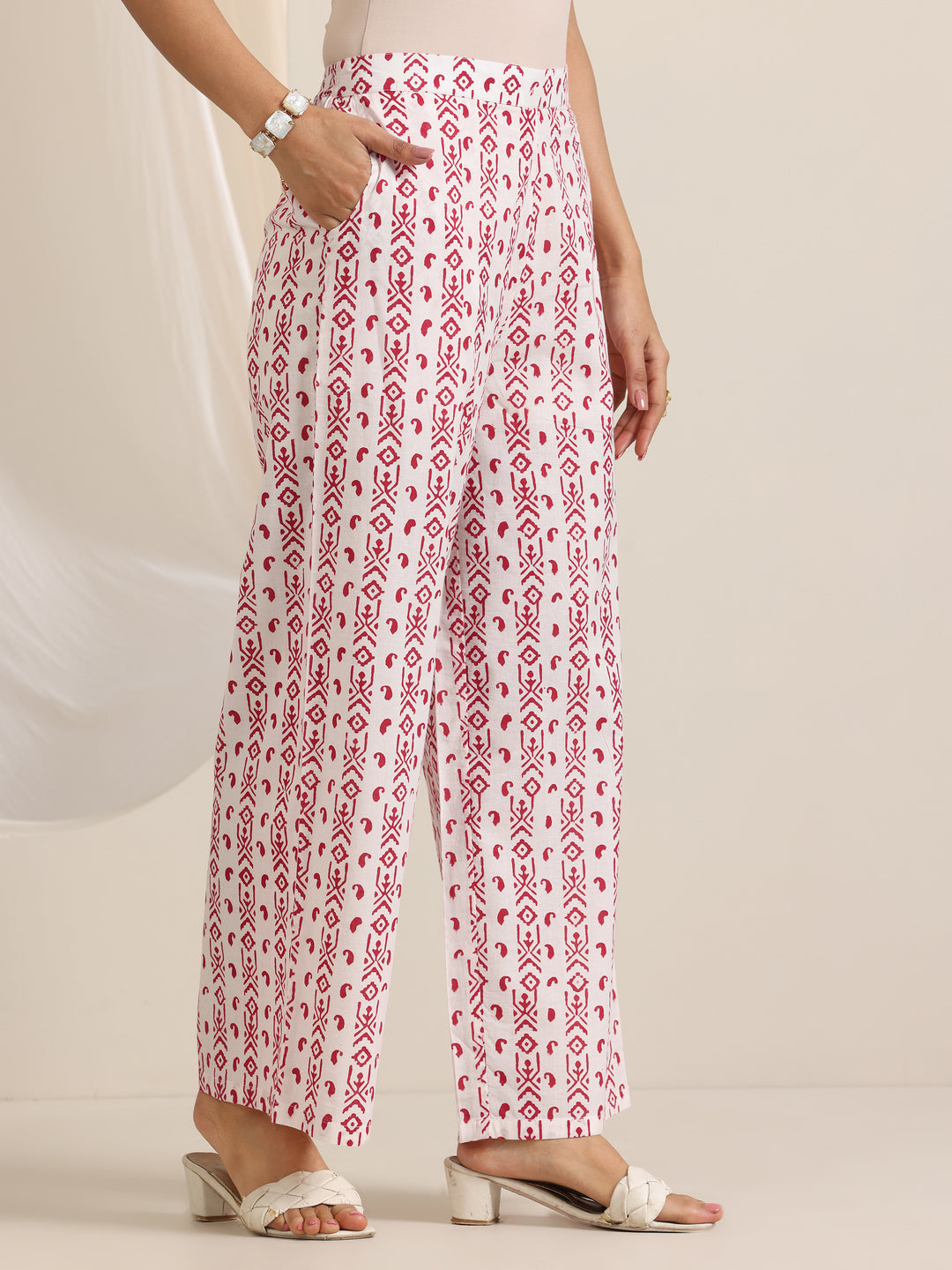 Red Printed Cotton Straight Suit Set With Dupatta