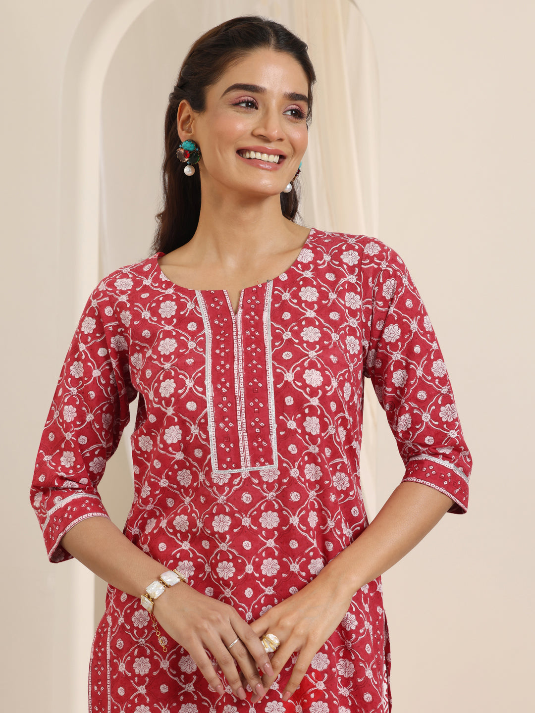 Red Printed Cotton Straight Suit Set With Dupatta