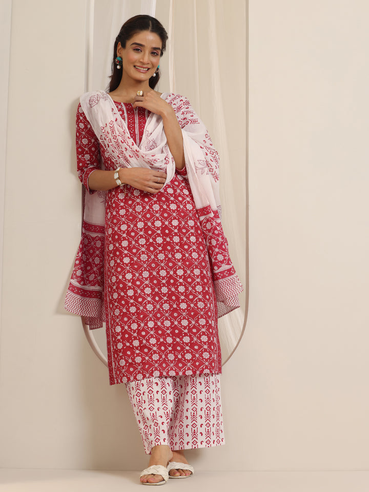 Red Printed Cotton Straight Suit Set With Dupatta