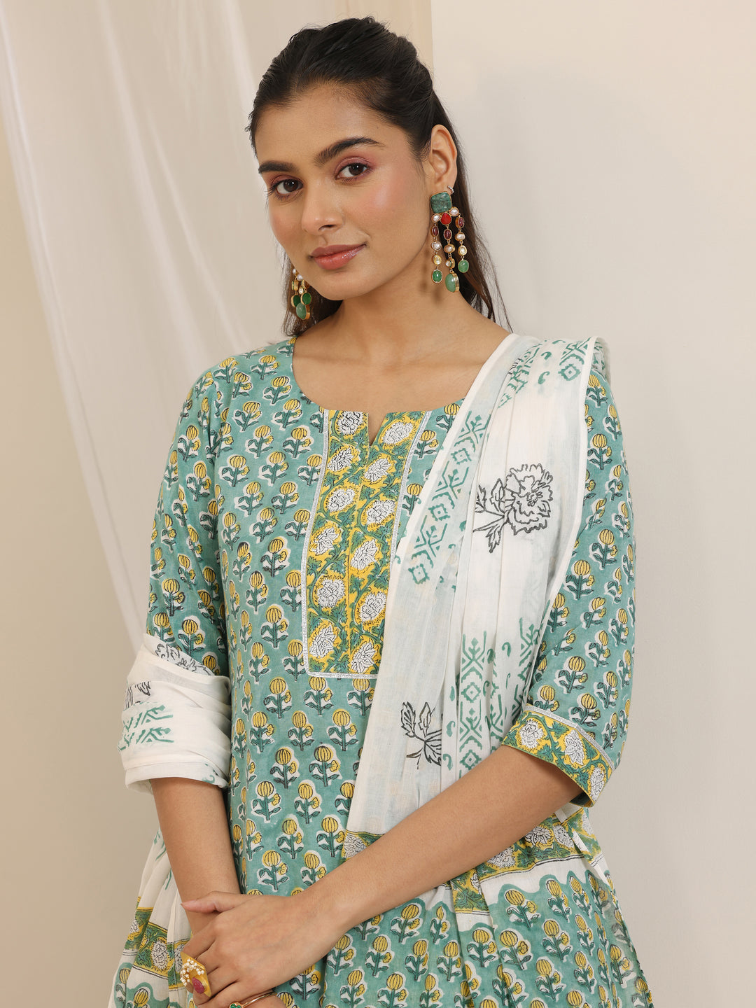 Green Printed Cotton Straight Suit Set With Dupatta