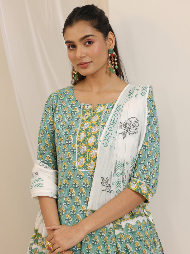 Green Printed Cotton Straight Suit Set With Dupatta