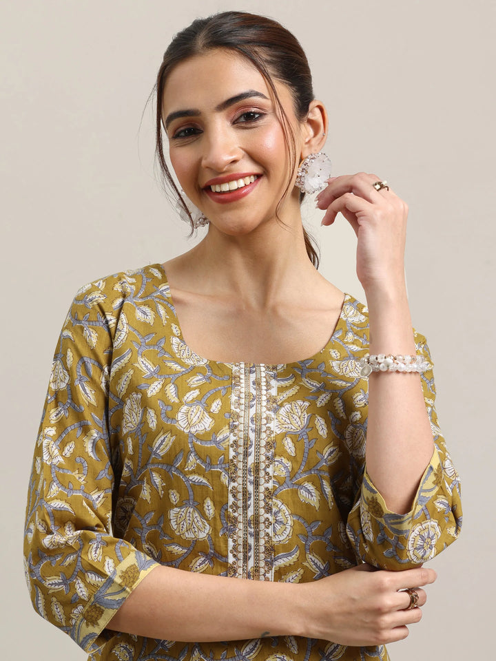 Mustard Printed Cotton Straight Suit With Dupatta