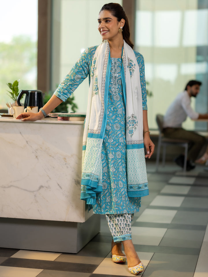 Blue Printed Cotton Straight Suit Set With Dupatta
