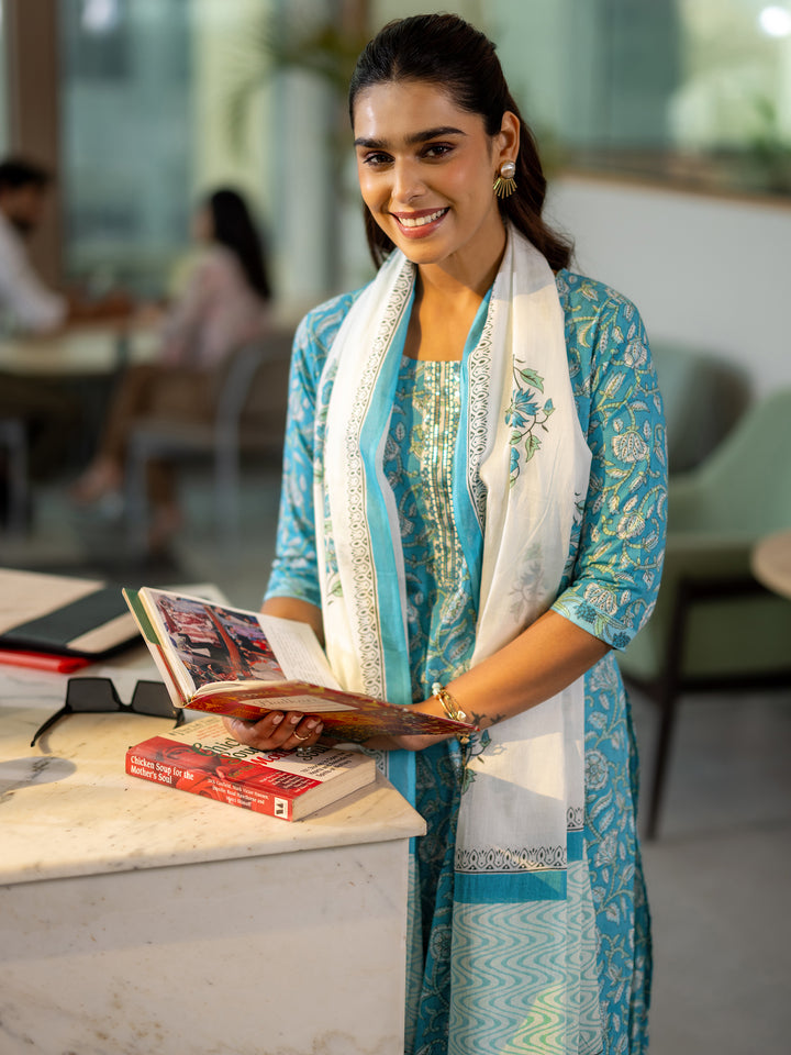 Blue Printed Cotton Straight Suit Set With Dupatta