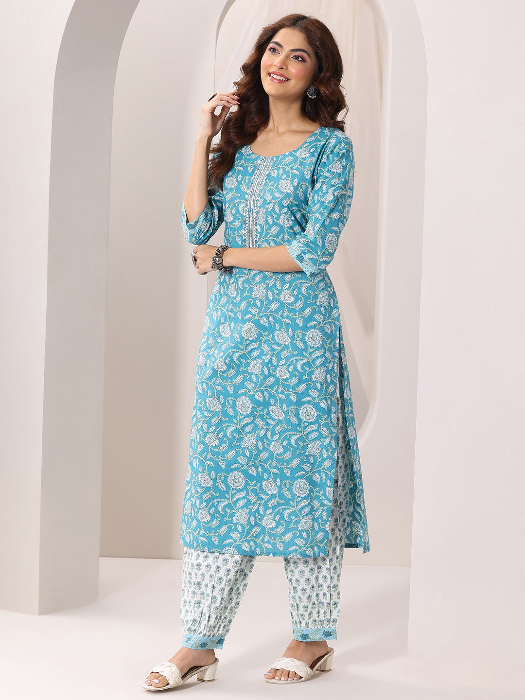 Blue Printed Cotton Straight Suit Set With Dupatta