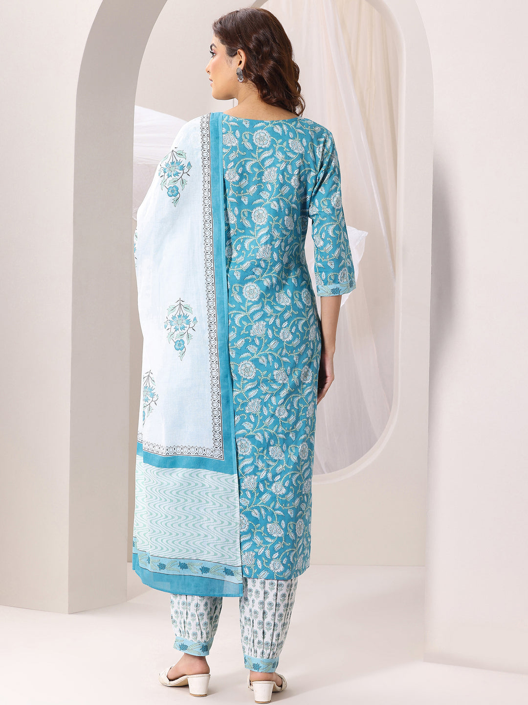 Blue Printed Cotton Straight Suit Set With Dupatta