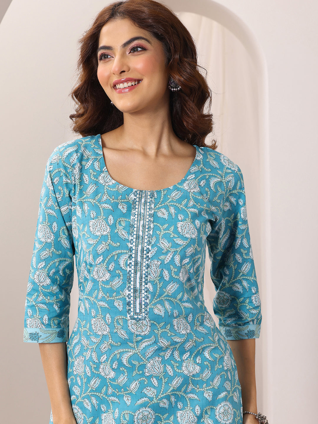 Blue Printed Cotton Straight Suit Set With Dupatta