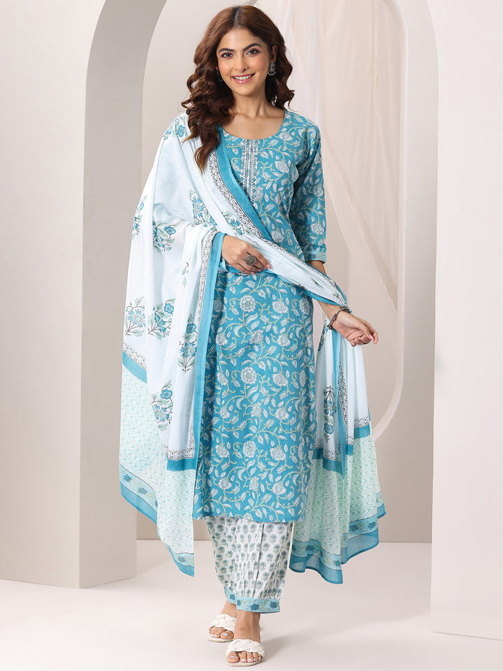 Blue Printed Cotton Straight Suit Set With Dupatta