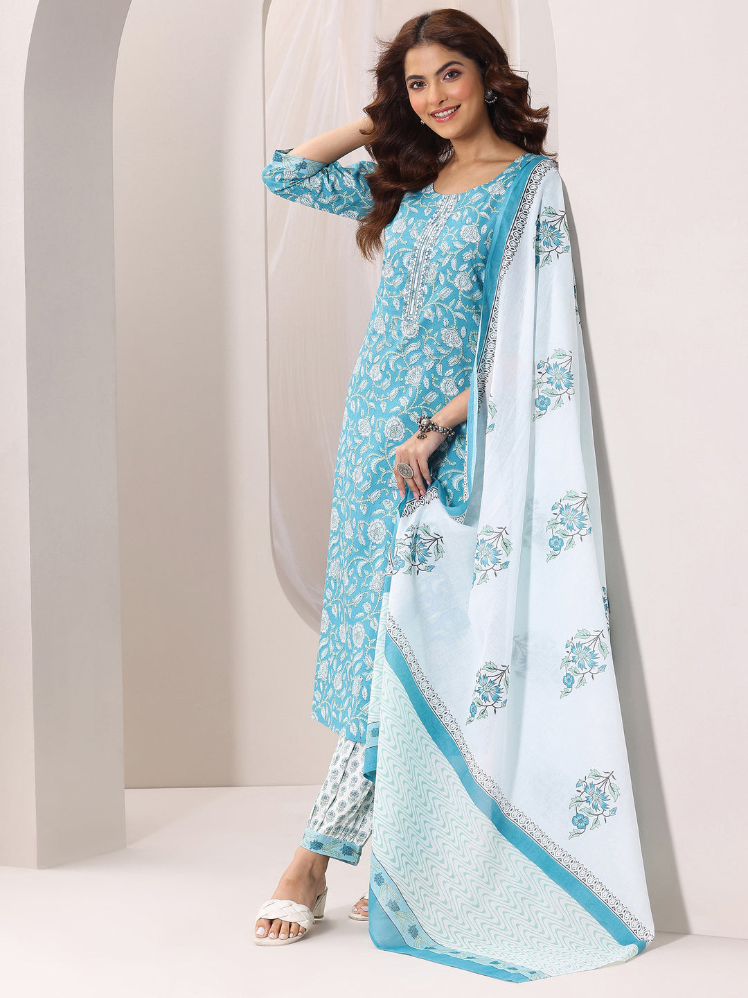 Blue Printed Cotton Straight Suit Set With Dupatta