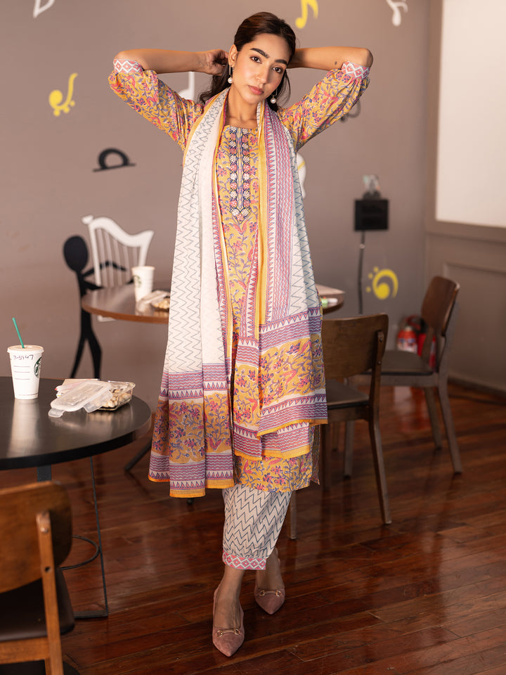 Yellow Printed Cotton Straight Suit With Dupatta