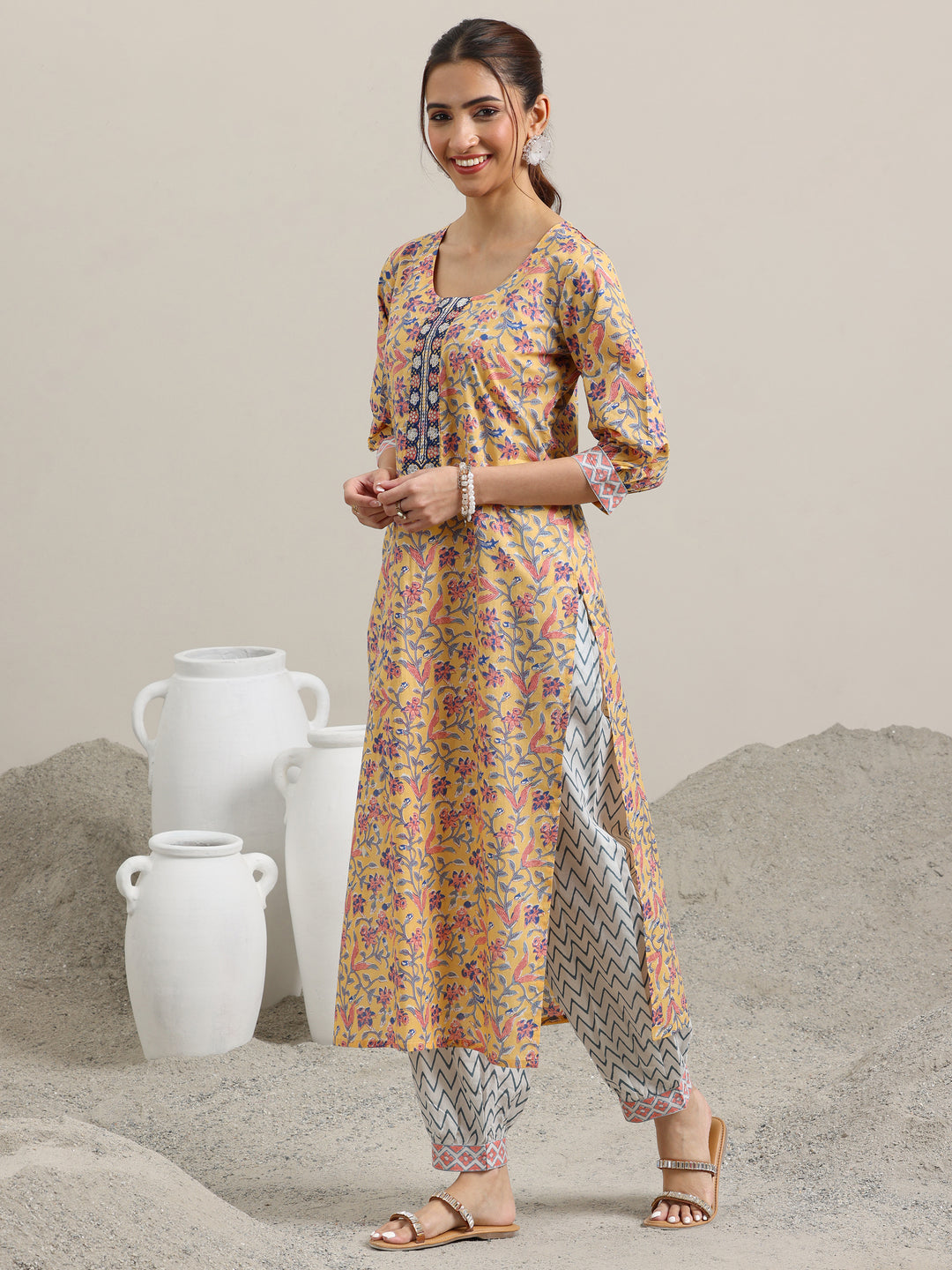 Yellow Printed Cotton Straight Suit With Dupatta