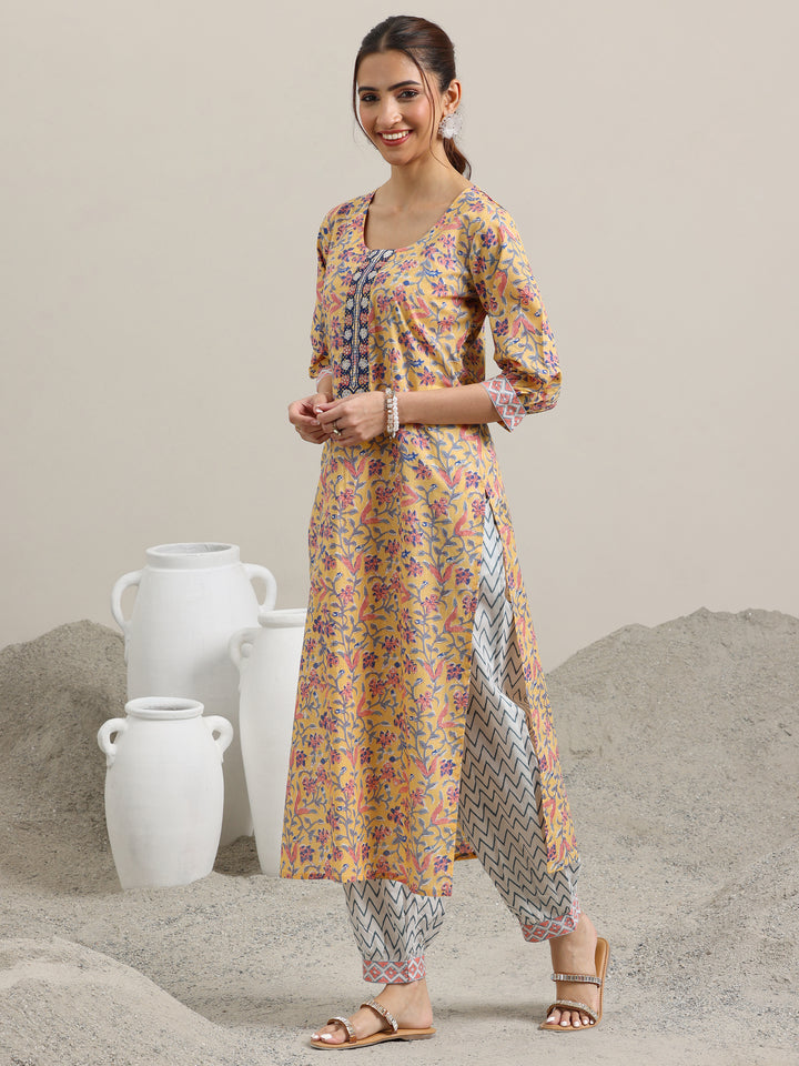 Yellow Printed Cotton Straight Suit With Dupatta