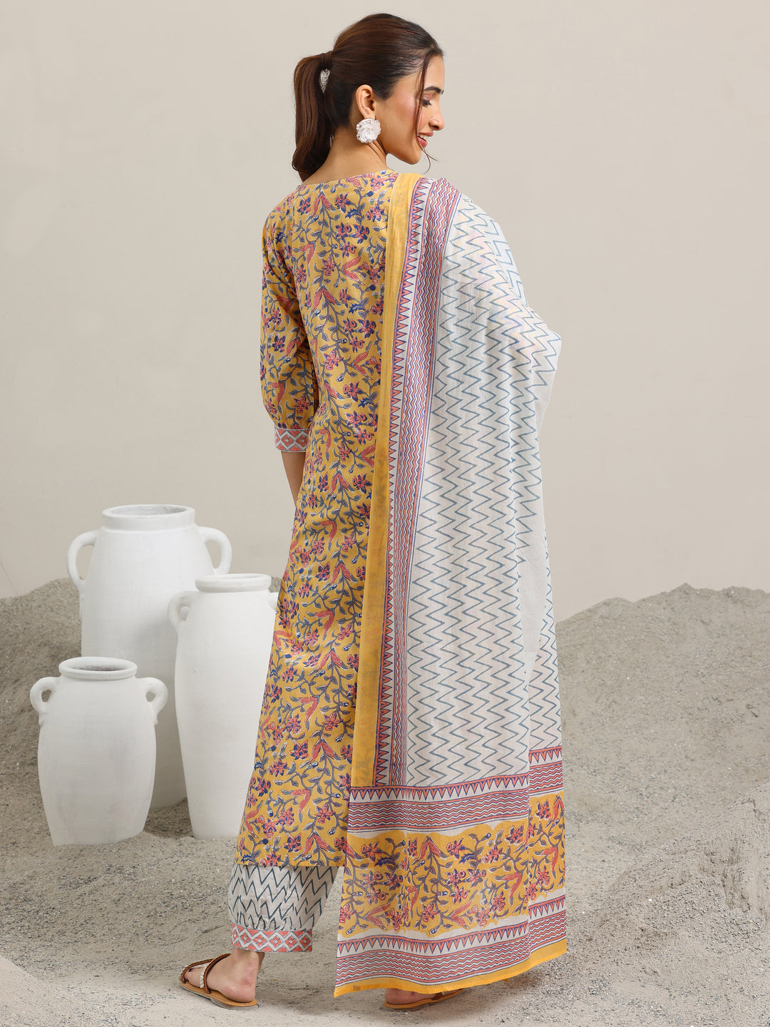 Yellow Printed Cotton Straight Suit With Dupatta