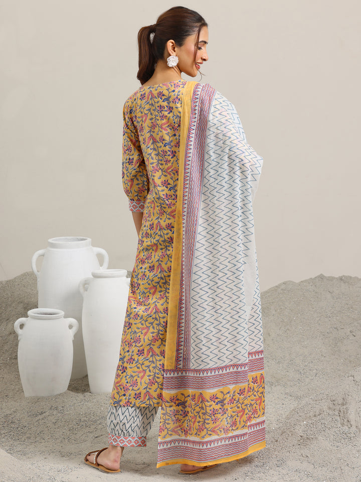 Yellow Printed Cotton Straight Suit With Dupatta