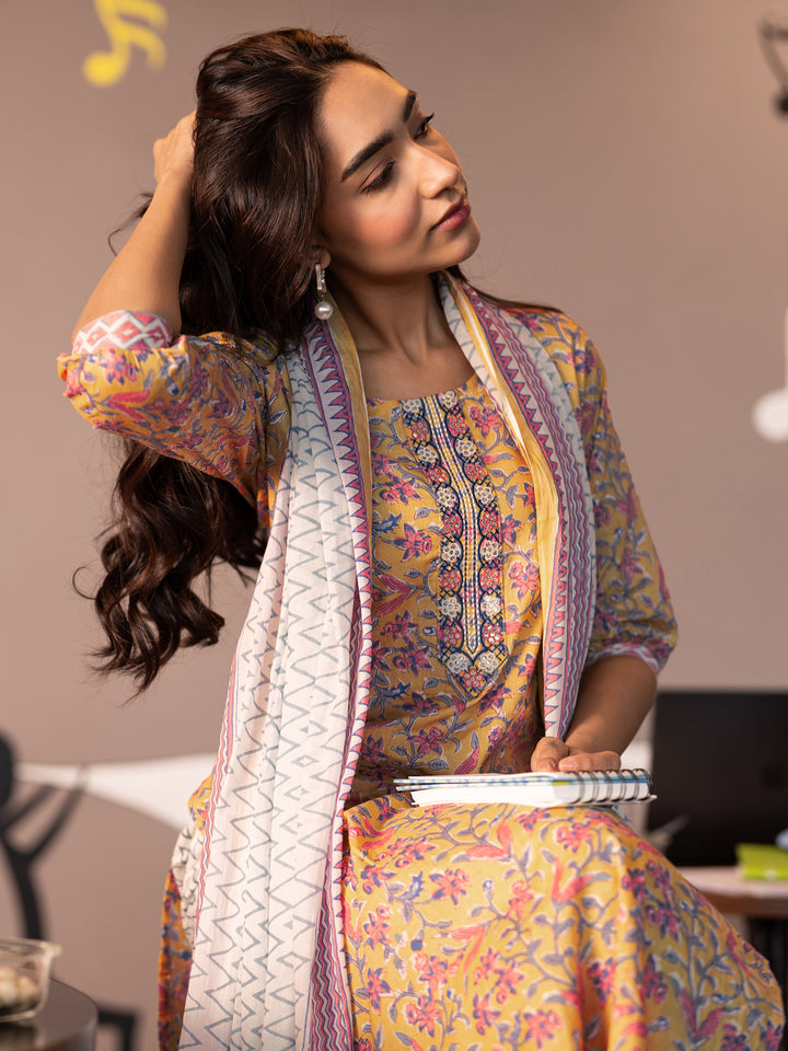Yellow Printed Cotton Straight Suit With Dupatta
