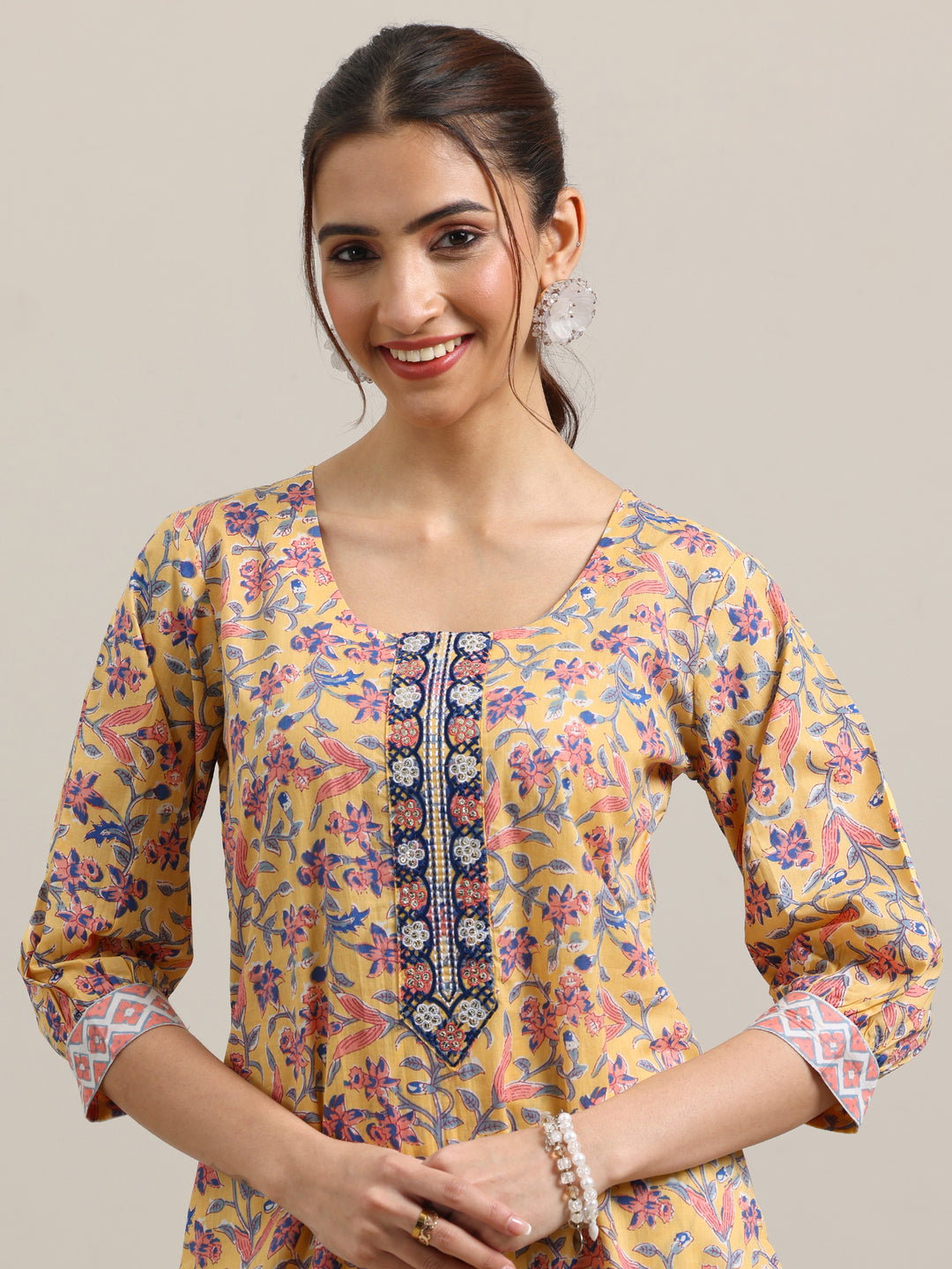 Yellow Printed Cotton Straight Suit With Dupatta