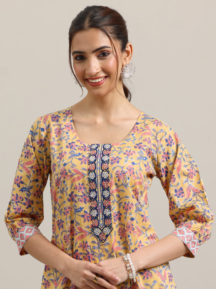 Yellow Printed Cotton Straight Suit With Dupatta
