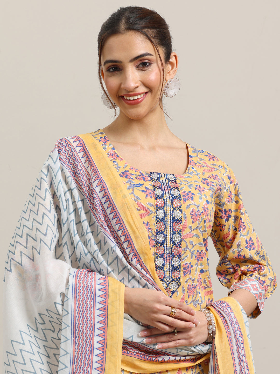 Yellow Printed Cotton Straight Suit With Dupatta