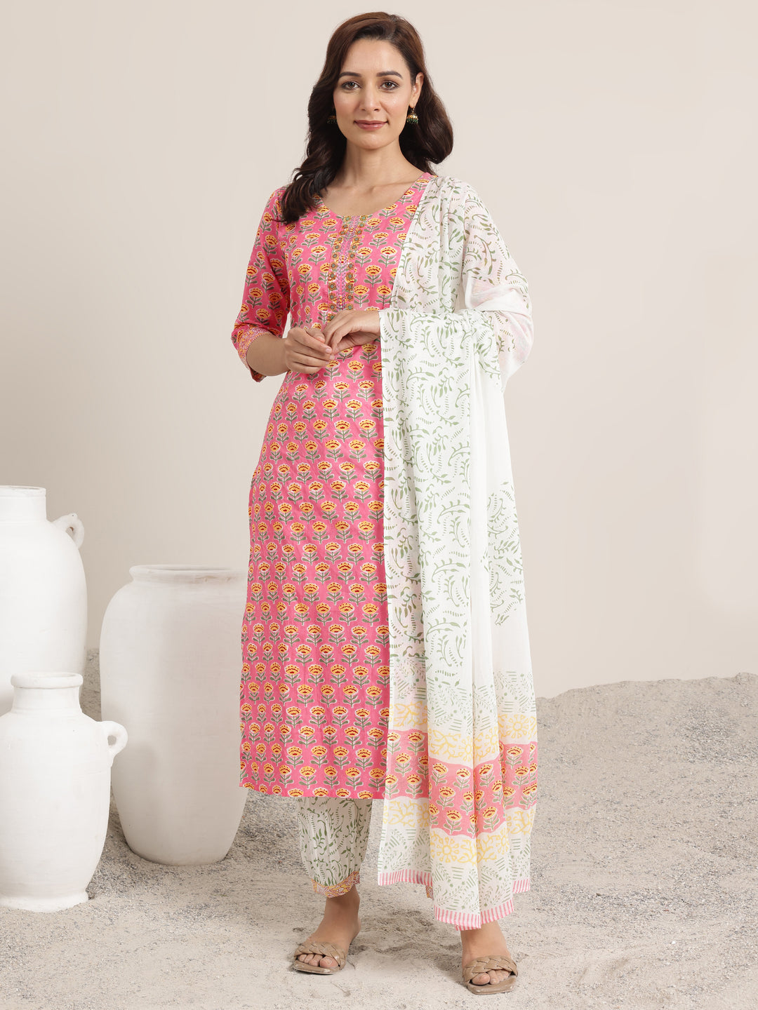 Pink Printed Cotton Straight Suit Set With Dupatta