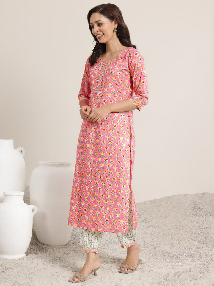 Pink Printed Cotton Straight Suit Set With Dupatta