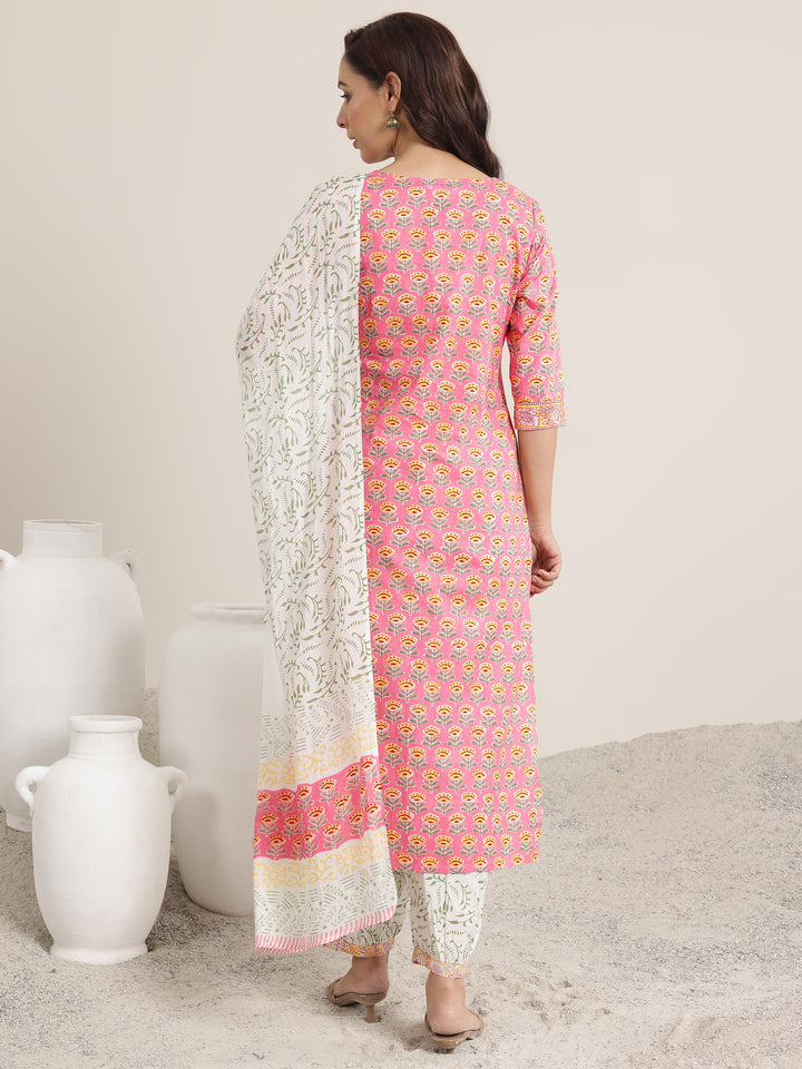 Pink Printed Cotton Straight Suit Set With Dupatta