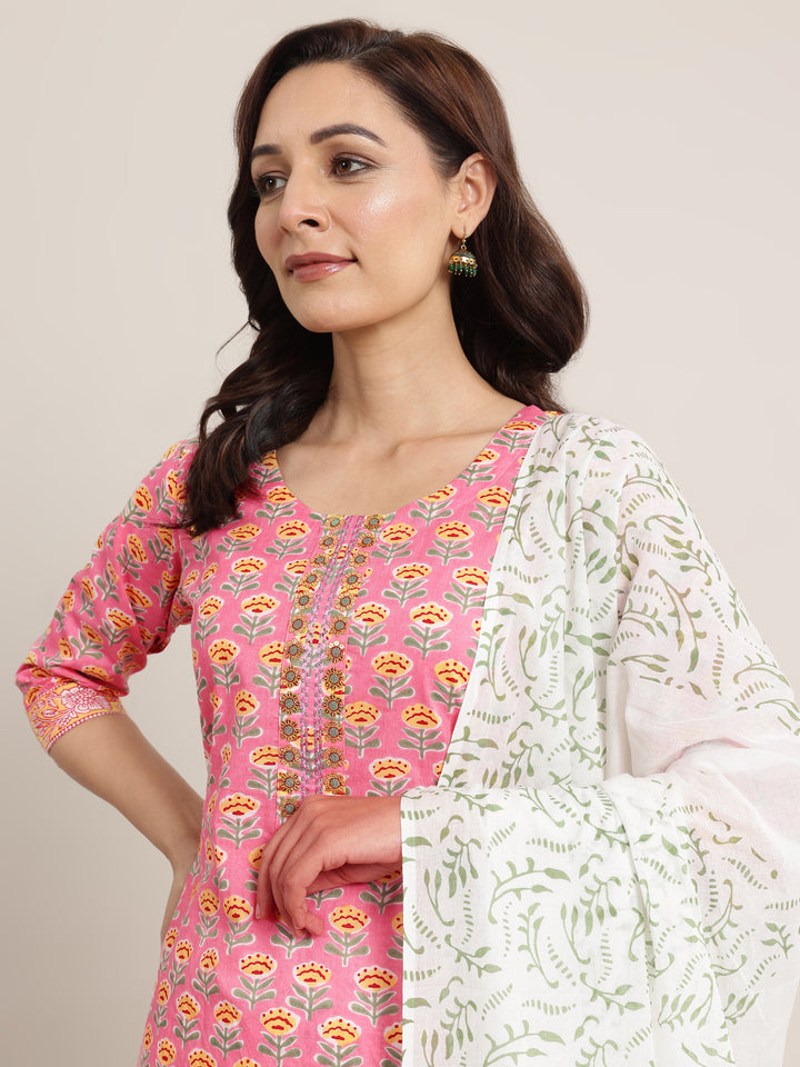 Pink Printed Cotton Straight Suit Set With Dupatta
