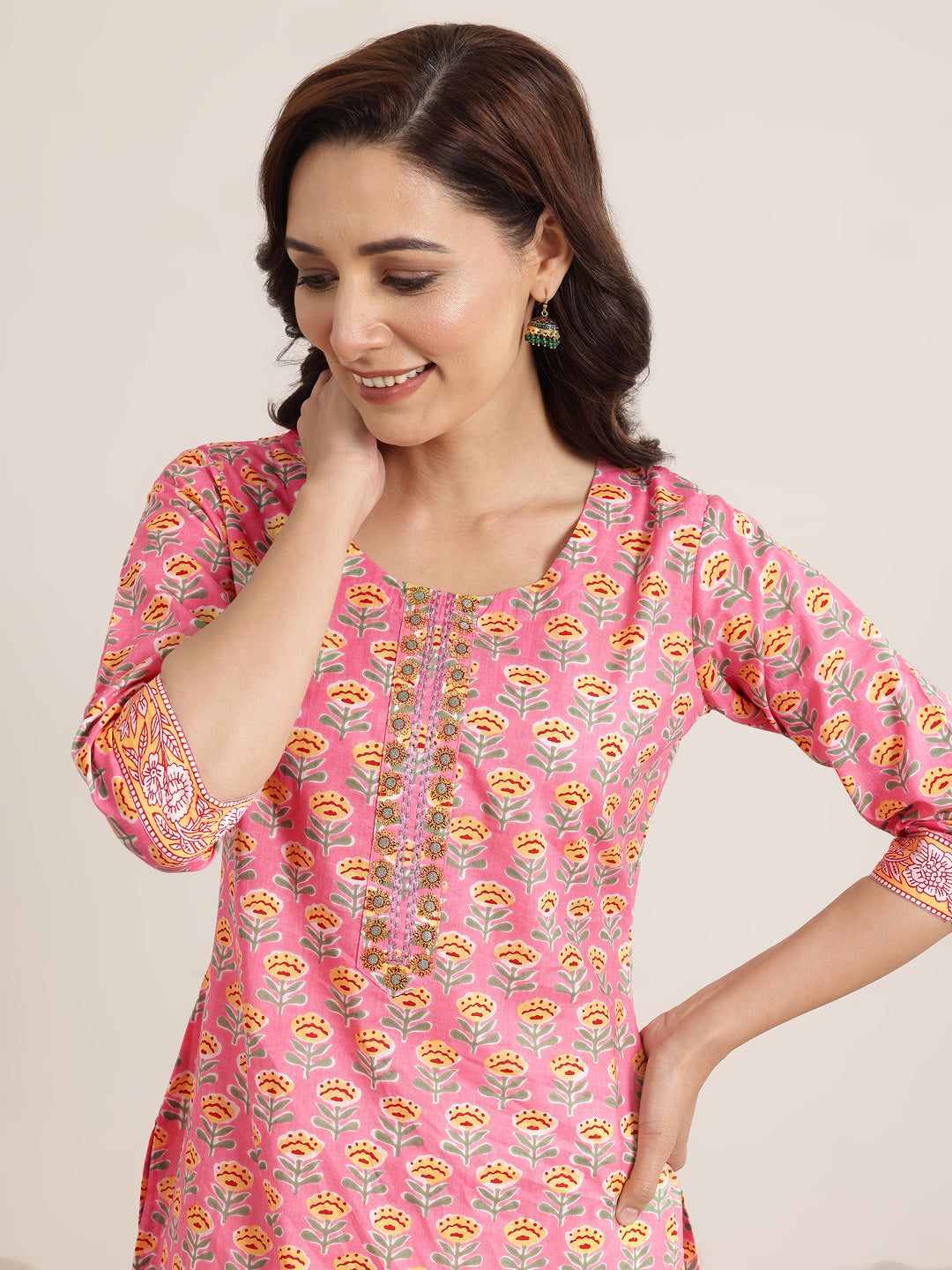 Pink Printed Cotton Straight Suit Set With Dupatta