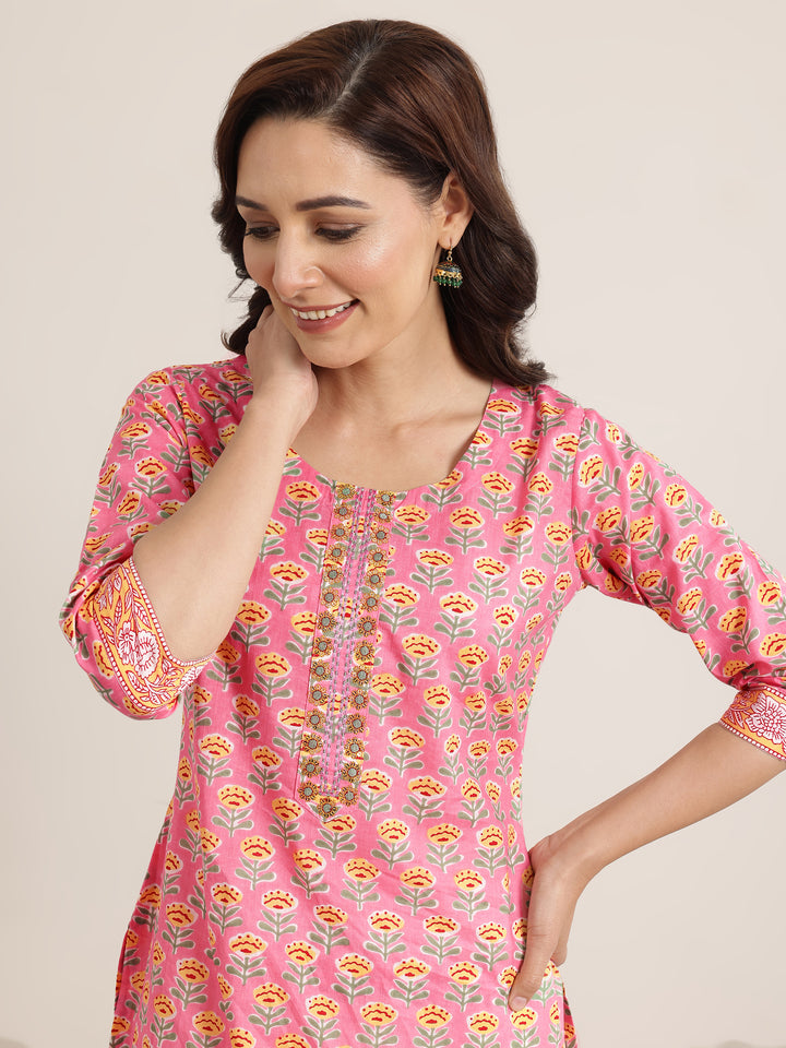 Pink Printed Cotton Straight Suit Set With Dupatta