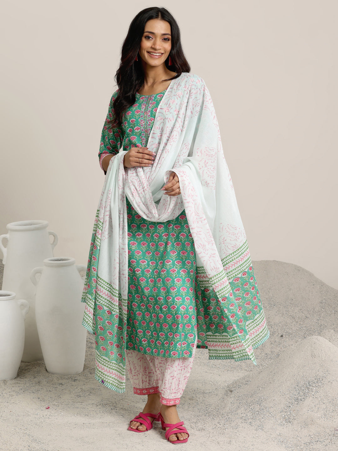 Green Printed Cotton Straight Suit Set With Dupatta