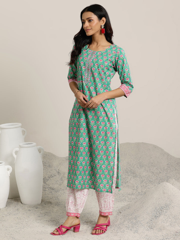 Green Printed Cotton Straight Suit Set With Dupatta