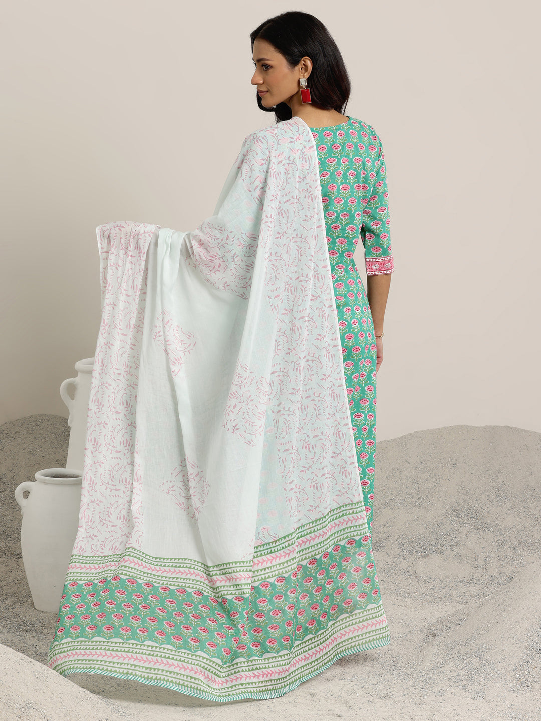 Green Printed Cotton Straight Suit Set With Dupatta
