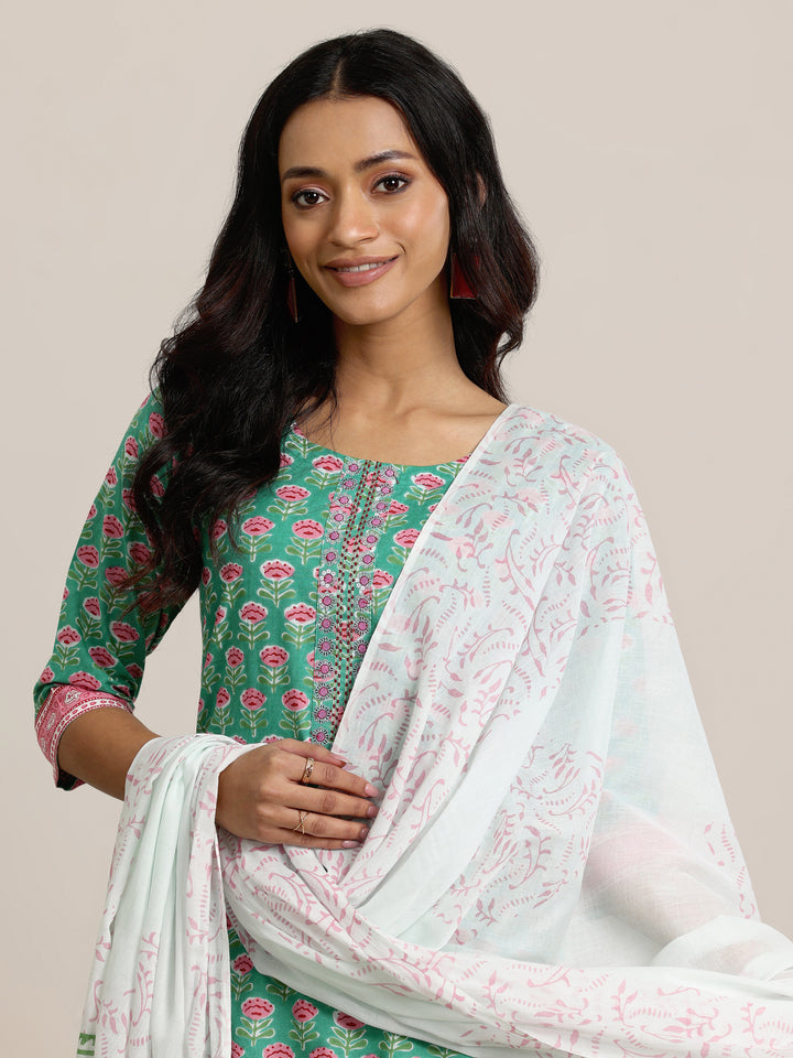 Green Printed Cotton Straight Suit Set With Dupatta