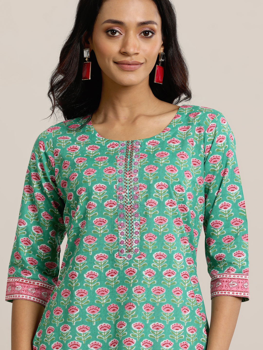 Green Printed Cotton Straight Suit Set With Dupatta