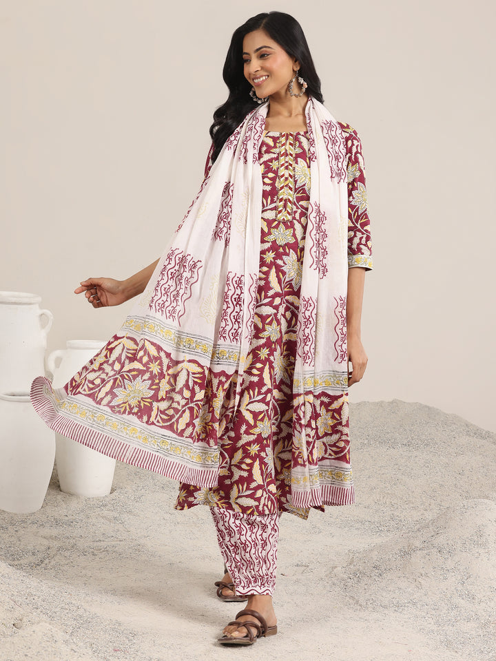 Red Printed Cotton Straight Suit With Dupatta