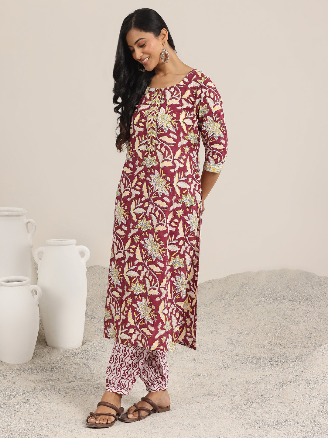 Red Printed Cotton Straight Suit With Dupatta