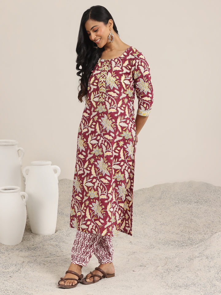 Red Printed Cotton Straight Suit With Dupatta