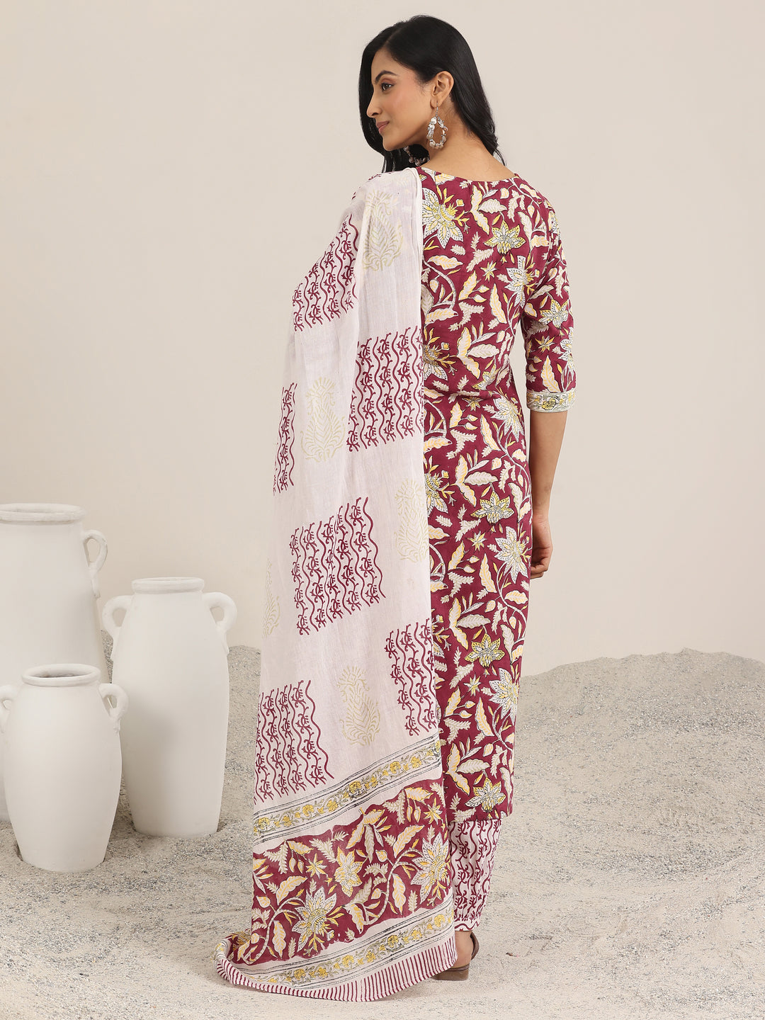 Red Printed Cotton Straight Suit With Dupatta