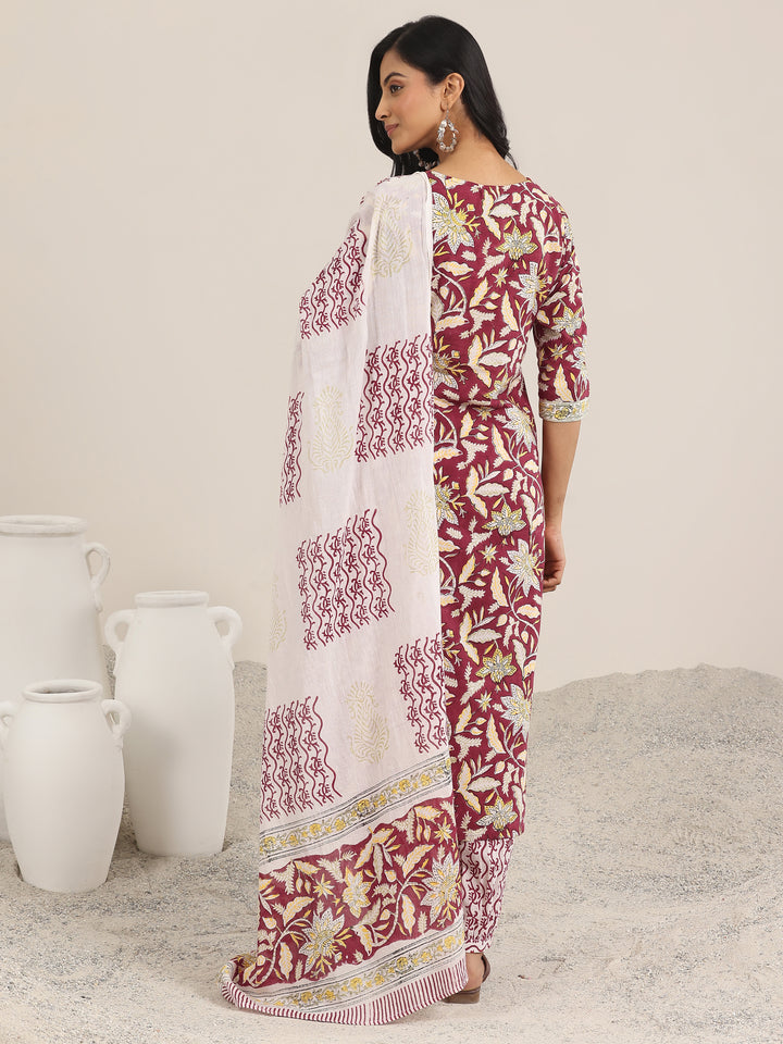 Red Printed Cotton Straight Suit With Dupatta