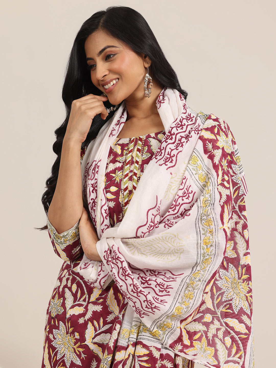 Red Printed Cotton Straight Suit With Dupatta