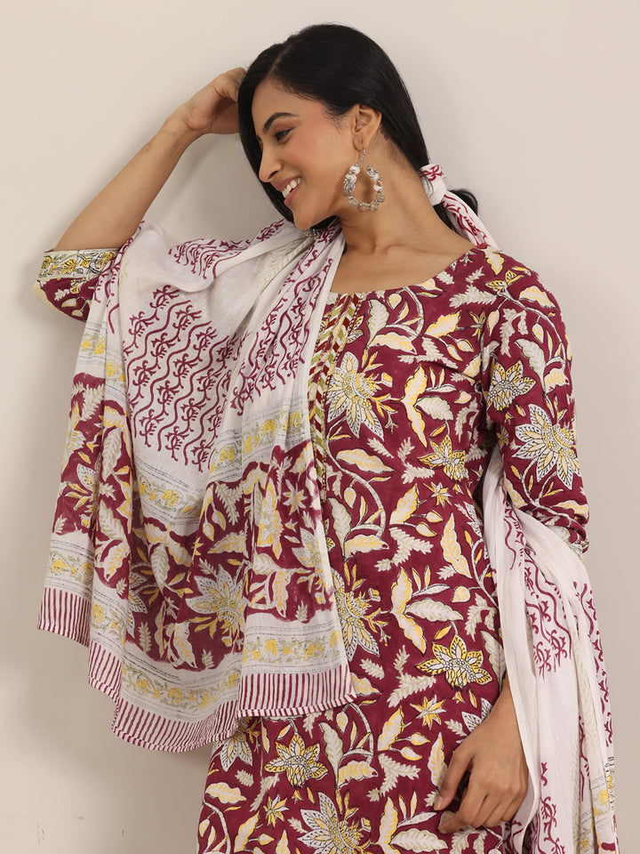 Red Printed Cotton Straight Suit With Dupatta