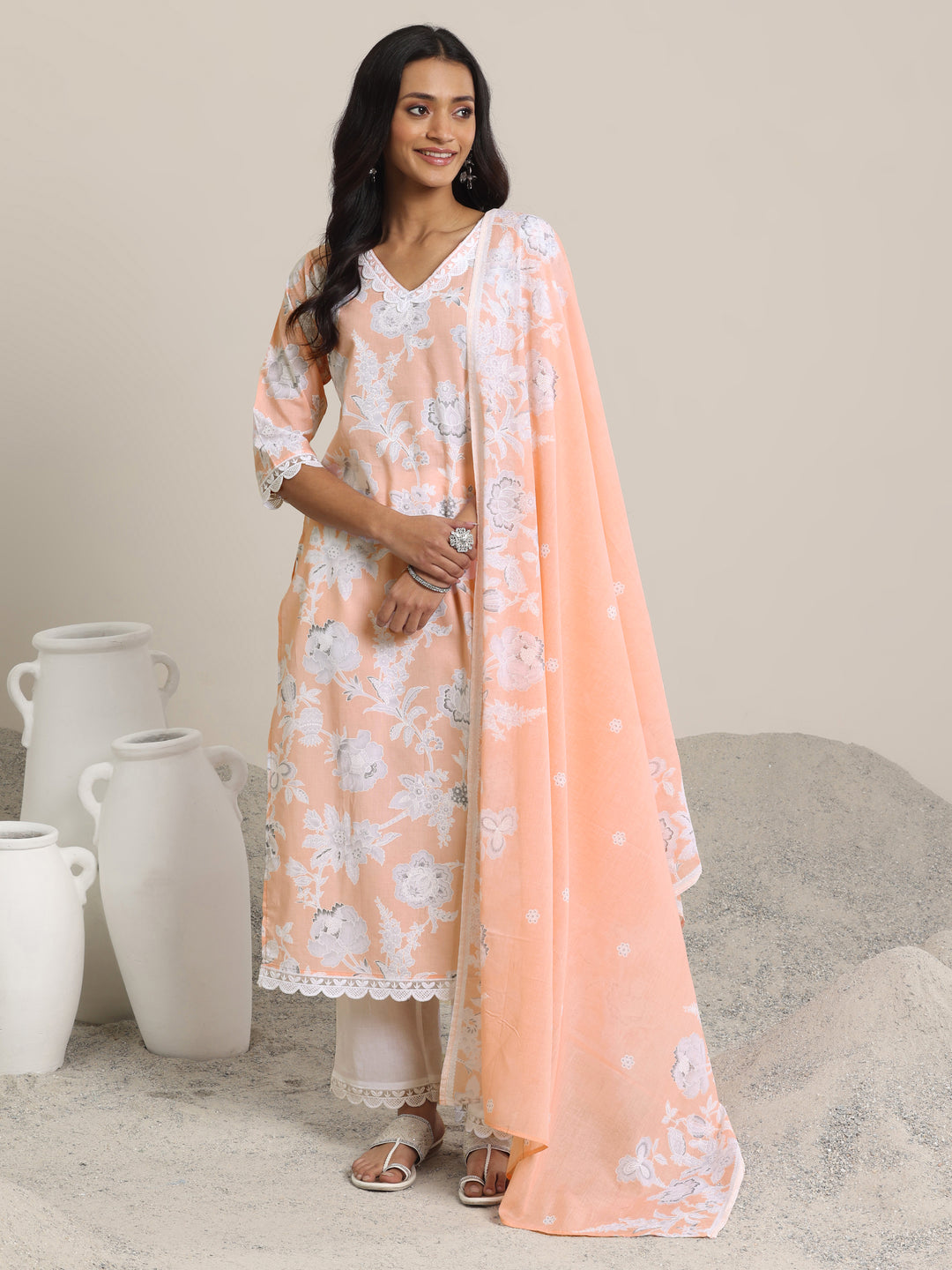 Peach Printed Cotton Straight Suit Set With Dupatta