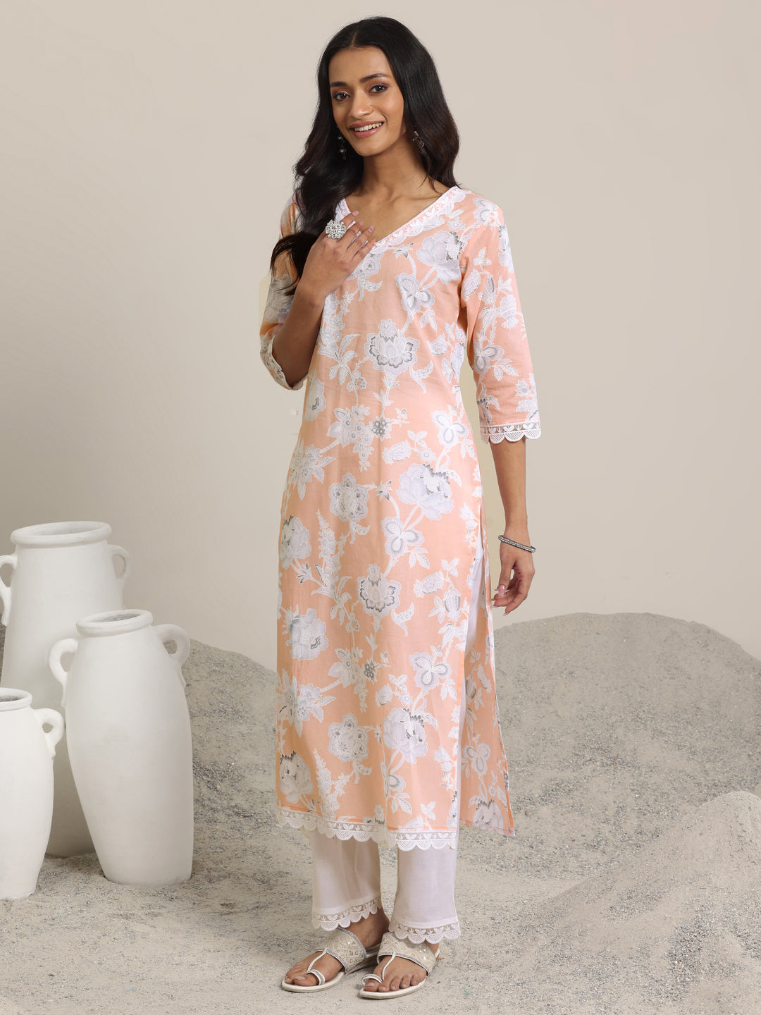 Peach Printed Cotton Straight Suit Set With Dupatta